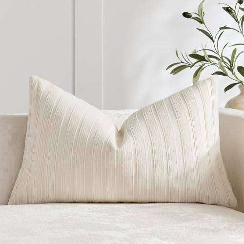 DEZENE 12x20 Cream Lumbar Pillow Covers Soft Striped Corduroy Farmhouse Rectangular Throw Pillow Cases for Couch Sofa Bedroom Living Room Home Decor by DEZENE