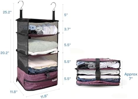 Grand Fusion Stow-N-Go Hanging Travel Shelves, Packing Organizer for Luggage. Carry on Closet for Suitcase. Expandable Packing Cube. Travel Essentials. (Burgundy - L, L = (L) 11.8" x (W) 11.8") - Image 2