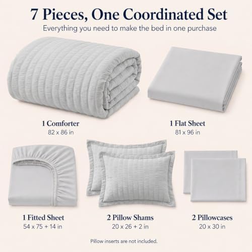 CozyLux Full Size Comforter Set 7 Pieces Light Grey Seersucker Bed in a Bag - Image 2