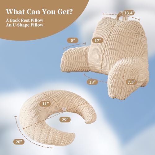 17" Reading Pillow for Bed,U Shaped Arm & Elbow Support,White Corduroy - Image 3