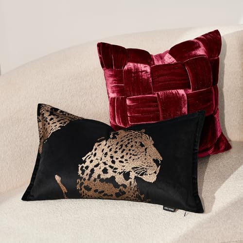 Luxury Black Velvet Lumbar Pillow Covers 12x20'' inches, Hand-Embroidered Brown Cheetah Face Decorative Throw Pillow Case, Modern Glam Home Accent with Hidden Zipper for Living Room - Image 6
