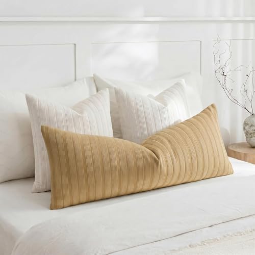 DEZENE 14x36 Mustard Yellow Lumbar Pillow Covers Soft Striped Corduroy Spring Summer Rectangular Long Body Pillow Cases for Couch Sofa Bedroom Living Room Home Decor - Image 4
