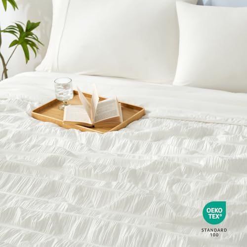 Cozy Bliss Vertical Striped Seersucker Cooling Comforter King Size, Lightweight Airflow Silky Cooling Bedding with Q-Max>0.45 for Bedroom, Home Decor, Hot Sleepers & Night Sweats, White 106"×90" - Image 6