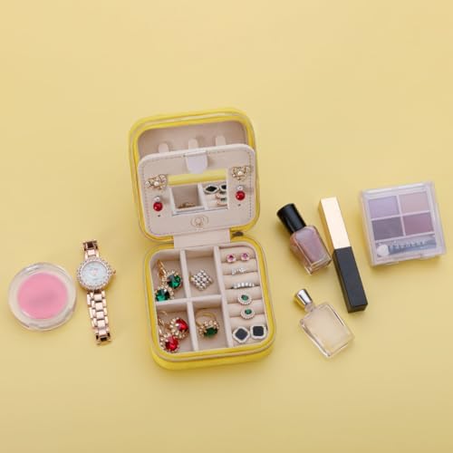 ZPROW Plush Velvet Travel Jewelry Case, Organizer, Box, Small Case for Women, Earring Organizer with Mirror, Best Gifts For Daughter, Girlfriend, Mom - Yellow - Image 5