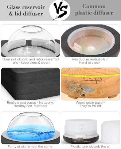 Glass Dome Essential Oil Diffuser with Glass Reservoir & Wood Base-Plastic Free, 200ml Ultrasonic Diffuser for Aromatherapy with Timer 7 Color Light Auto-Off for Home Office Yoga Dark Brown - Image 3