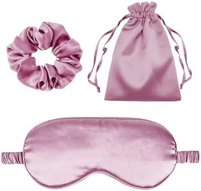 3Pcs Satin Eye Mask Silk Sleep Masks Set Silky Blindfold Eyeshade Blackout Eyes Cover Pouches Bag Scrunchy Wedding Gift by WJingYiJia