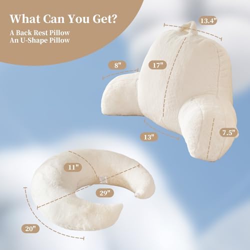 19" Reading Pillow for Bed,U Shaped Arm & Elbow Support,White Faux Fur - Image 3