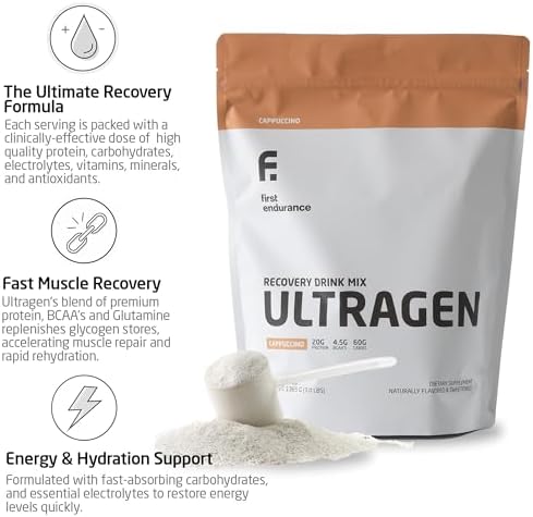 FIRST ENDURANCE Ultragen Workout Recovery Drink Powder, Protein Mix, Boosts Energy, Accelerates Recovery | Cappuccino, 15 Servings - Image 2