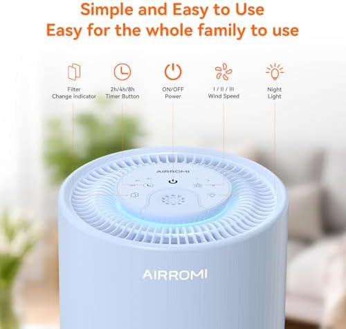 AIRROMI Air Purifier for Bedroom with HEPA 3-in-1 Filter, Pet Air Purifier for Home Cat Pee Smell, Covers Upto 990 Ft², Quiet 360° intake Air Cleaner for pet hair,allergies,Dust,Smoke A2001 Blue - Image 3