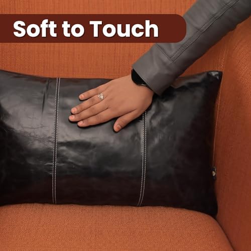 LL LEATHER LOVERS 100% Lambskin Leather Pillow Cover 14x22 Inch – Hand-Stitched Cushion Case with Hidden Zipper, Decorative Throw Cover for Sofa, Bed and Living Room - Ink Blue Panel Pack of 1 - Image 4
