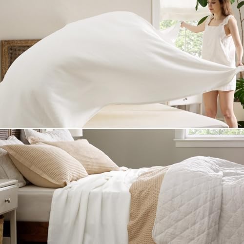 Bedsure 100% Cotton Blanket, Herringbone Weave, Full, White - Image 4