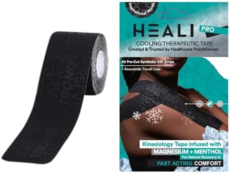 Heali Kinesiology Tape with Magnesium and Menthol, 20 Pcs Precut Strips, K Tape Roll, Knees, Physical Therapy Sports Tape for Muscle and Joint Relief, Water Resistant, Black Inspiration by HEALIMEDICAL