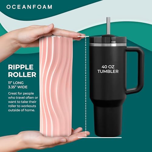 Oceanfoam Ripple Travel Foam Roller (11" x 3.35") Firm Mini Foam Roller for Physical Therapy, Deep Tissue Massage, Back Pain - High Density, Ergonomic Wave Textured - Yoga, Pilates, Exercise (Blush) - Image 2