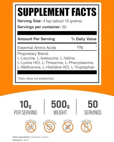 BulkSupplements.com Essential Amino Acids Powder - Essential Amino Acids Supplement, EAA Powder - Unflavored & Gluten Free, 10g per Serving, 500g (1.1 lbs) (Pack of 2) - Image 2