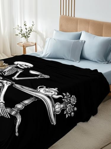 Halloween King Flat Sheet Skeleton Sitting Tea Time Flat Sheets Only Soft Bedding Top Sheets Luxury Hotel Quality Tea Cup Funny Skull King Bed Sheet for All Season Bedroom Dorm Halloween Decor - Image 5