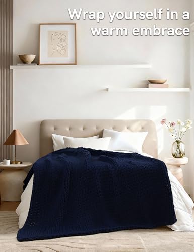 YnM 100% Cotton Weighted Blanket, Handmade Chunky Knitted Throw, No fillers Design, Soft and Breathable, Machine Washable Bed Blanket for Sleep or Home Decor (Navy Blue, 43x50 Inch, 10lbs) - Image 3