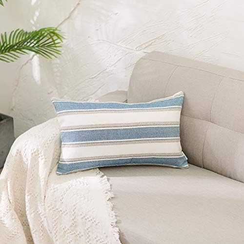 2 Pc Blue Multi Color Stripe Pillow Cases Soft Faux Linen Lumbar Decorative Throw Cushion Cover with Hidden Zipper for Bed Sofa Car 12" x 18" - Image 2