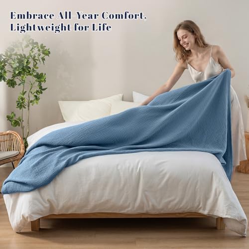 PHF 100% Cotton Muslin Blanket Queen Size 90"x90", 4-Layer Lightweight Gauze Throw, Breathable Cloud-Soft Minimalist Blanket for Bed, Couch, Camping & Baby, Denim Blue, Ideal Gift - Image 2