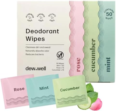 Dew Well Deodorant Wipes - On-the-Go Travel Deodorant - Fresh Mint, Rose & Cucumber Scents Body Wipes for Women - Aluminum, Paraben & Sulfate Free Mini Toiletries - 50 Count, Mint/Rose/Cucumber by DewWell