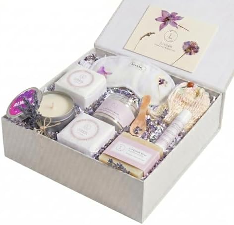 Lizush Luxury Spa Gifts for Women – 7 Piece Lavender Gift Set with Candle, Gift Baskets for Women, Body Care Set for Mom, Birthday Box, Relaxation & Self Care Spa Kit for Wife – Handmade in the USA by Lizush