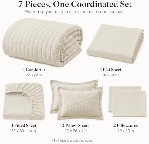 CozyLux Queen Comforter Set, 7 Pieces Oatmeal Seersucker Bed in a Bag - Image 2