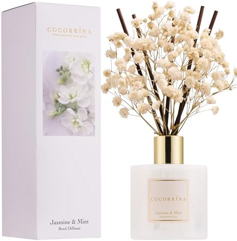 COCORRÍNA Reed Diffuser - Jasmine & Mint 6.7 Fl.oz Reed Diffuser Set with Sticks & Preserved Baby's Breath, Reed Diffuser for Home Bathroom Shelf Decor by COCORR%C3%8DNA
