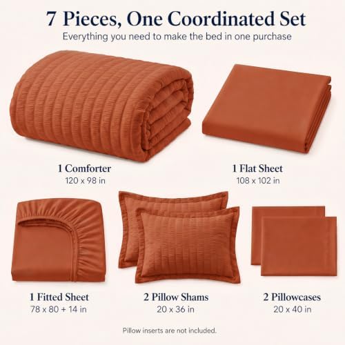 CozyLux Oversized King Comforter Set 120x98 7-Piece Burnt Orange Seersucker - Image 2