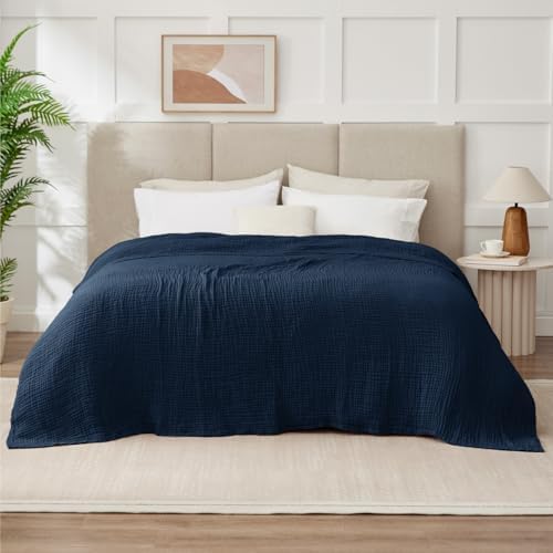 100% Cotton Muslin Blanket California King 120" x 90", 6 Layers Breathable and Lightweight Oversized Blankets for Bed, Soft Cooling Gauze Blanket for Adults All Season, Navy - Image 7