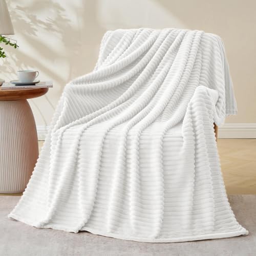 Bnuitland Fleece Throw Blanket for Couch, 300GSM Soft Warm Cozy Fluffy Throw for Adults & Kids, Stripe Pattern, All Season Sofa Bed Blanket for Home Decor, White 60"x80" by BNUITLAND