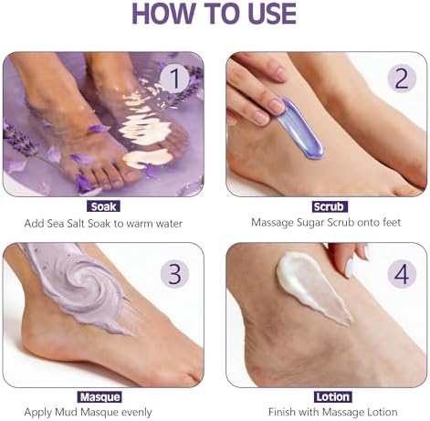 NOVAL Deluxe Pedi Spa 4 Steps Pedicure Kit, Foot Spa Kit with Sea Salt Soak, Sugar Scrub, Mud Masque and Massage Lotion, At Home Pedicure Set for Dry Tired Feet (Lavender Whispers) - Image 2