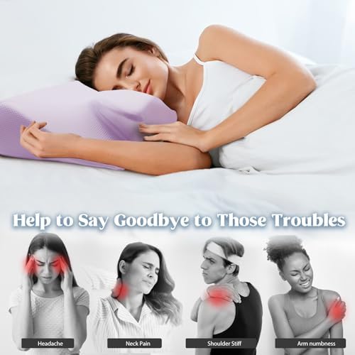 Cooling Contour Memory Foam Pillows Support Odorless Ergonomic Neck Pillow Adjustable Orthopedic Bed Pillow for Side Back Stomach Sleeper Cervical Pillow for Neck Pain Relief,with Pillowcase,Purple - Image 4