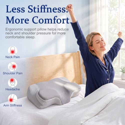 Cervical Neck Pillow for Pain Relief, Ergonomic Memory Foam Pillow for Neck & Shoulder Support，Grey, 60 * 36 * 13cm, Cooling Pillow for Side Back & Stomach Sleepers with Washable Cover - Image 4