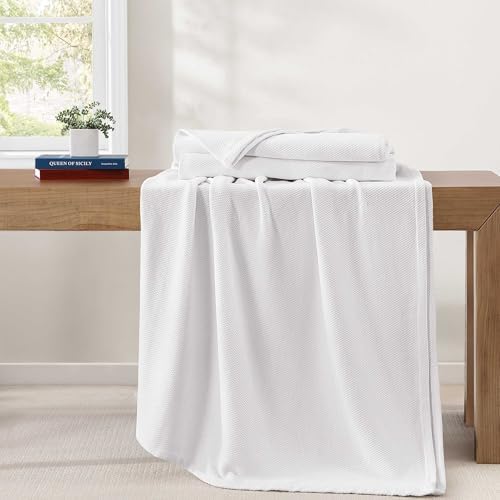 Tommy Hilfiger - Queen Cotton Blanket, Textured Pique Weave Bedding, Medium Weight Soft Blanket, Anti-Pilling & Fade Resistant, Ideal for Layering, Oeko-TEX Certified (White) - Image 3