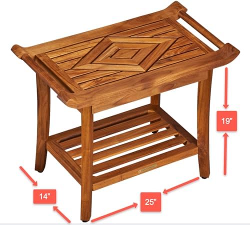 Teak Shower Bench Stool Seat, w/Leveling Feet, Waterproof, Teak Oil Finish - Image 3