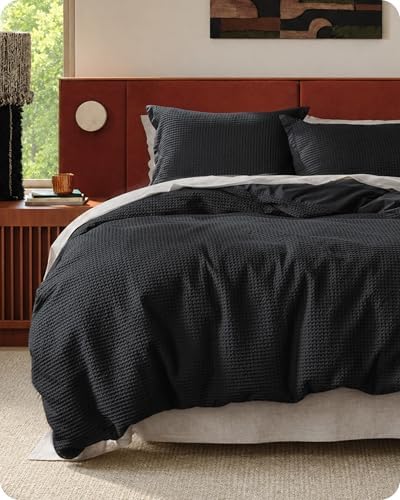 Bedsure PureWoven 100% Cotton Waffle Weave Duvet Cover Set, 3 Pieces, Black by Unknown