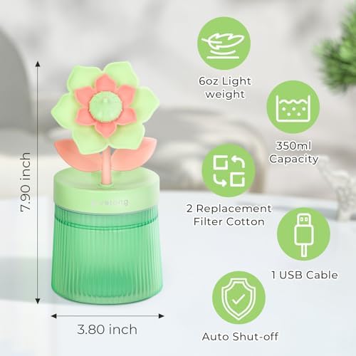 Flower Mini Humidifier, Cute Small Humidifiers, USB Portable Personal Cool Mist Desktop Humidifiers, Cooling for Home Office Car Summer Travel (260ml, Green Gardenia) - Image 2