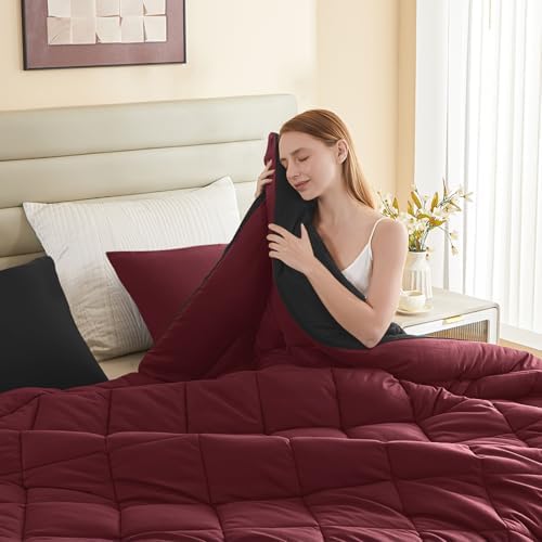 MIOTO 120x98 Oversized King Comforter,Super King Size Comforter Oversized, All Season Soft Lightweight Quilt Down Alternative Duvet Insert with 8 Corner Tabs, Burgundy/Black - Image 5