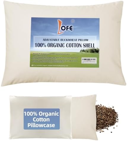 Organic Buckwheat Pillow for Sleeping with Organic Cotton Pillowcase by Lofe