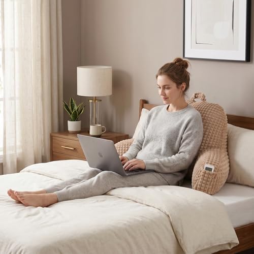Reading Pillow with Arms for Sitting in Bed,Backrest,Khaki Flannel,M - Image 2