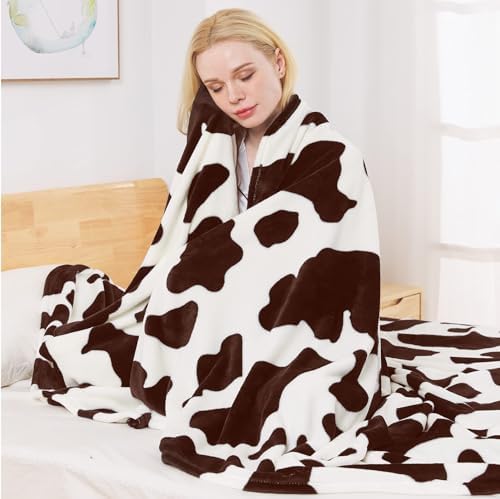 Richave Fleece Cow Print Blanket for All Season - Premium Lightweight Anti-Static Brown and Ivory King Size Blankets Plush Gift for Daughter Mom, Bedroom Decor 90" x 108"(Brown Cow) by RICHAVE