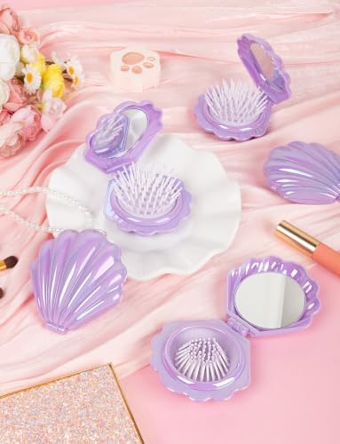 8 Pcs Foldable Travel Shell Hair Brush with Mirror - Image 2