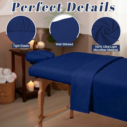 Oudain 4 Sets 3 Piece Soft Microfiber Massage Table Sheets Set Bulk Includes Massage Flat Sheet and Fitted Sheet and Face Rest Cover(Dark Blue) - Image 3
