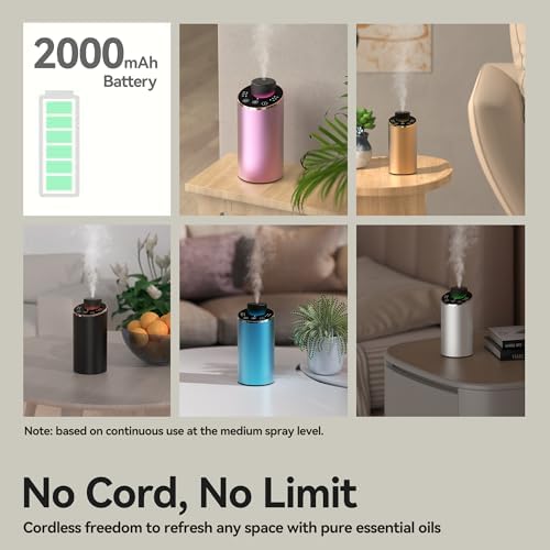 Waterless Essential Oil Diffuser Scent Aromatherapy Diffusers for Home, Car, Aluminum Alloy Battery Operated Cordless Air Freshener, 4 Timers & 3 Mist Levels, 5/10/20ml Capacity (Gold) - Image 7