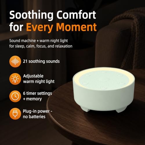 Kipcush White Noise Machine for Sleeping, Baby & Adults, High-Fidelity Non-Looping Sounds, Sleep Sound Machine with Dimmable Night Light, USB Powered, Memory Function, Home, Nursery & Travel - Image 2