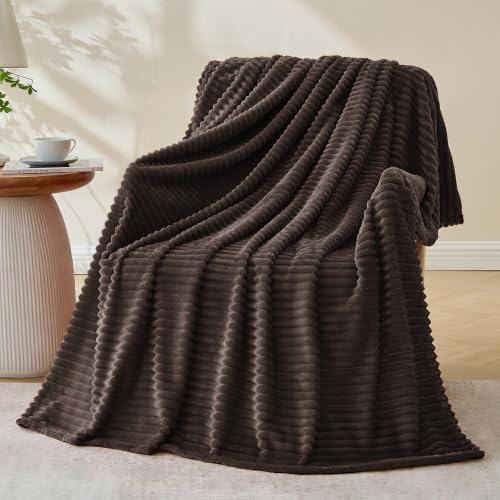 Bnuitland Brown Fleece Throw Blanket for Couch, 300GSM Soft Warm Cozy Fluffy Throw for Adults & Kids, Stripe Pattern 60"x80", All Season Sofa Bed Blanket for Home Decor by BNUITLAND