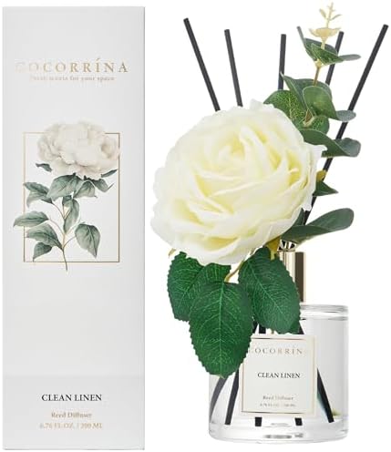 Cocorrína Flower Reed Diffuser - Clean Linen 6.7oz Scented Diffuser with Sticks Home Fragrance Essential Oil for Bathroom Shelf Decor (Artificial Flower) by COCORR%C3%8DNA