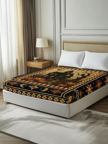 Halloween Queen Flat Sheet Haunted Castle Flat Sheets Only Soft Breathable Bedding Top Sheets Hotel Quality Owl Pumpkin Cat Moon Plaid Queen Bed Sheet for All Season Bedroom Dorm Halloween Decor - Image 7