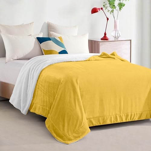 Elegant Comfort Ultra Soft Reversible Flannel Sherpa Blanket - Cozy Silky Fleece Throw for Couch, Bed - Plush Fuzzy Warm Winter Blanket for Gift, Queen, Yellow - Image 3