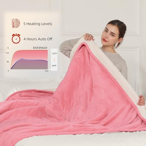 ESTINGO Heated Throw Blanket, Electric Blanket Throw Size with 4 Hours Auto Off & 5 Heating Levels, 50"x60" Electric Heated Blanket with ETL & FCC Certification for Home Office, Light Pink - Image 6