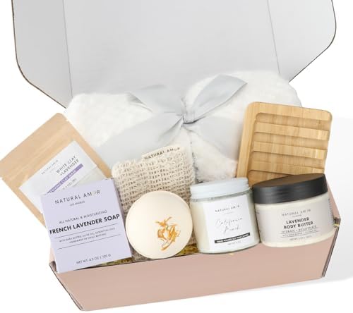 Natural Amor 8-Piece Spa Gift Set with Blanket – Self-Care Box with Lavender Body Butter, Soap, Candle – Blanket with Grey Ribbon Gift for Women, Birthday, Holiday by NATURALAMORLOSANGELES